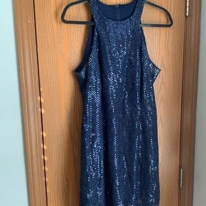 VINTAGE ALL THAT JAZZ NAVY BLUE FULL SEQUIN SHEATH PARTY DRESS SIZE MEDIUM?